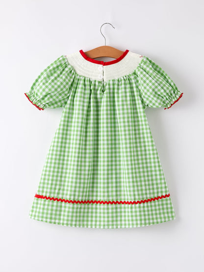 Back To School Girls Green Plaid Smocking Dress