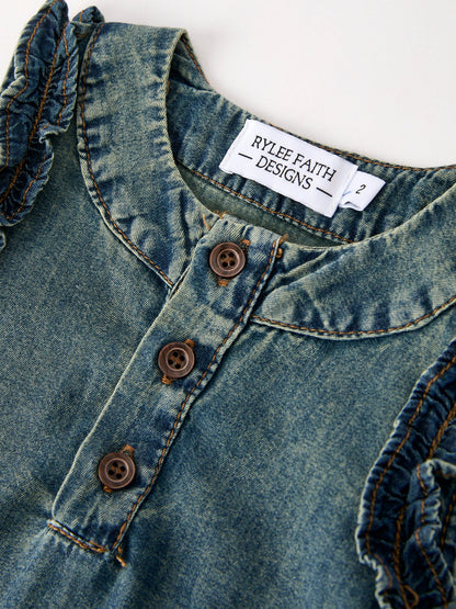 Vintage Denim Ruffle Girls Dress