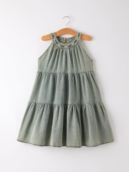 Summer Girls Embroidered Denim Sleeveless Dress