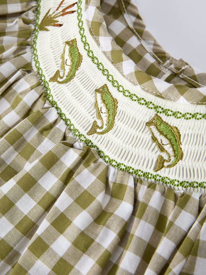 Green Plaid Fish Embroidered Baby Girls Smocked Dress