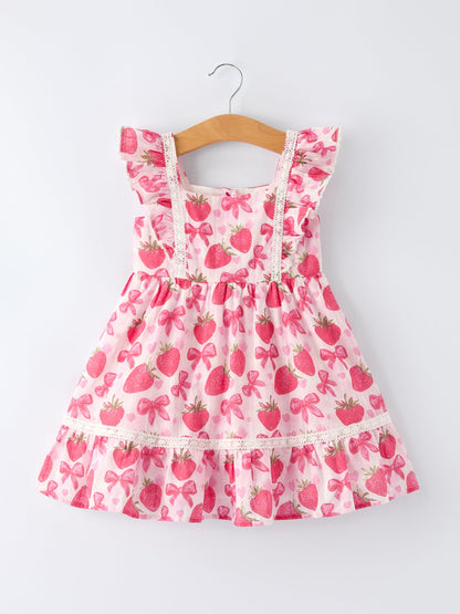 Spring Strawberry Bow Print Girls' Dress