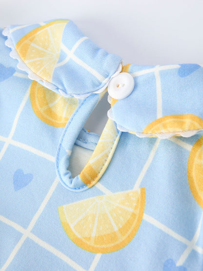 Summer Lemon Print Girls Puff Sleeve Bloomer Set