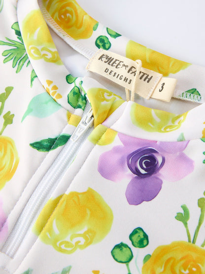 Summer Yellow Floral Print Girls Long Sleeve Swim Set