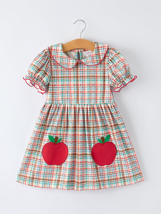 Back to School Plaid Girls Dress Apple Applique Peter Pan Collar
