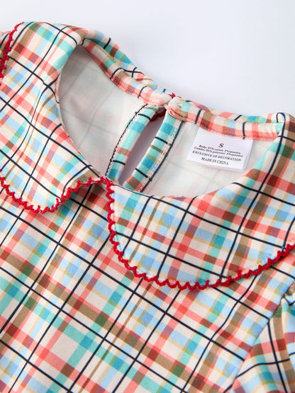 Back to School Plaid Girls Dress Apple Applique Peter Pan Collar