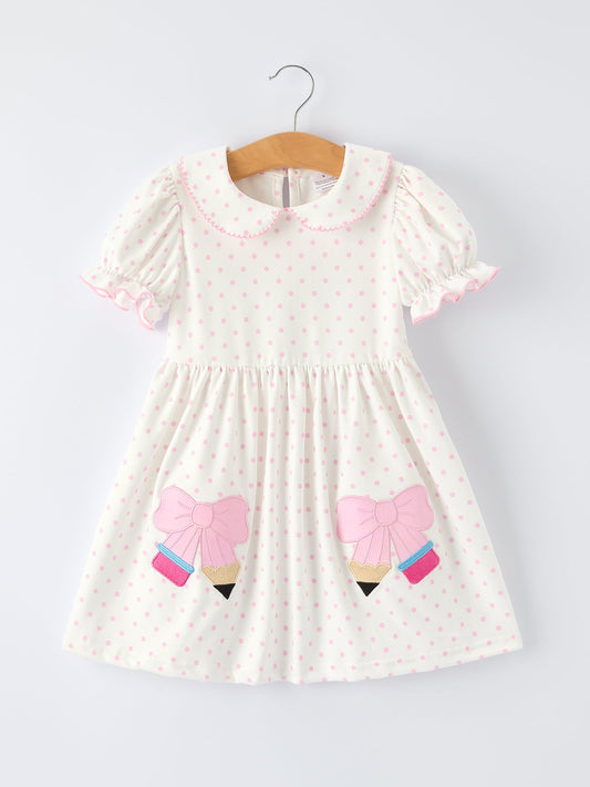 Back to School Polka Dot Girls Dress Pencil Bow Applique