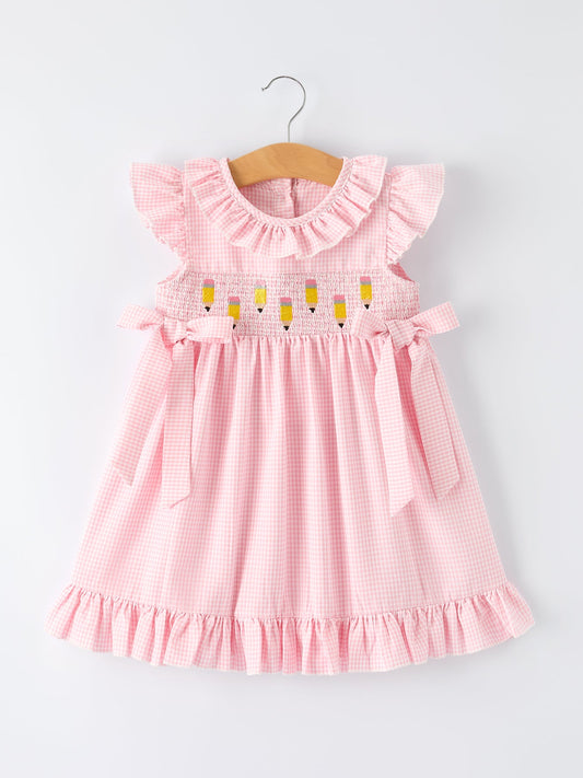Back to School Pencil Plaid Girls Smocked Ruffle Collar Dress