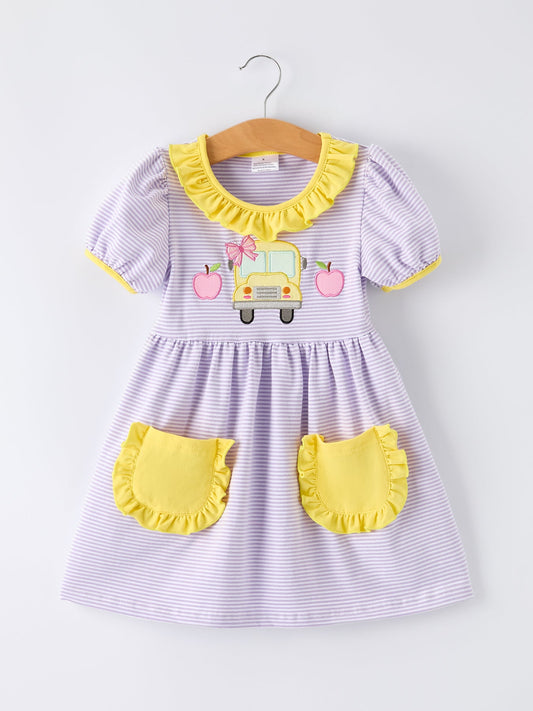 Back to School Bus Applique Ruffle Pocket Girls Dress