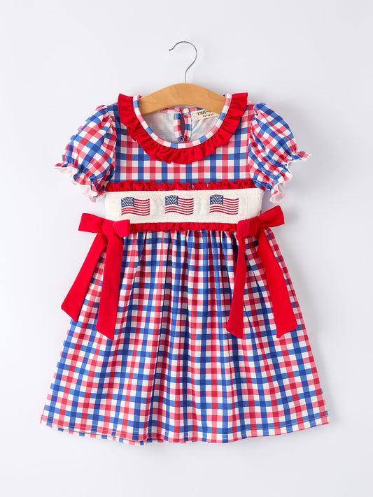 4th of July Plaid Flag Girl Dress With Bow