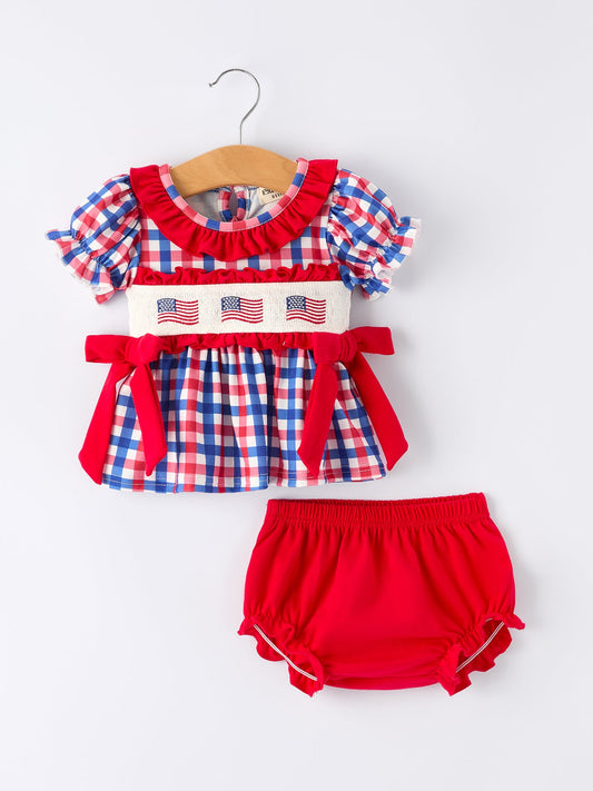 4th of July Plaid Flag Girl Bloomer Set With Bow