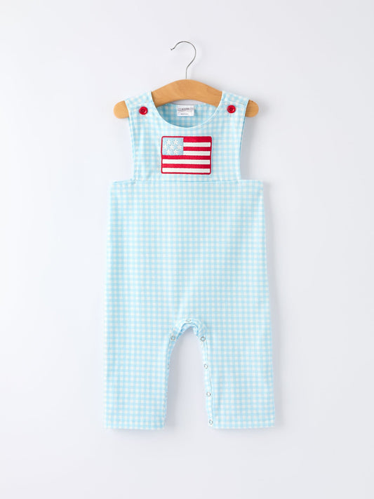 July 4th Plaid Boys Romper Flag Embroidery