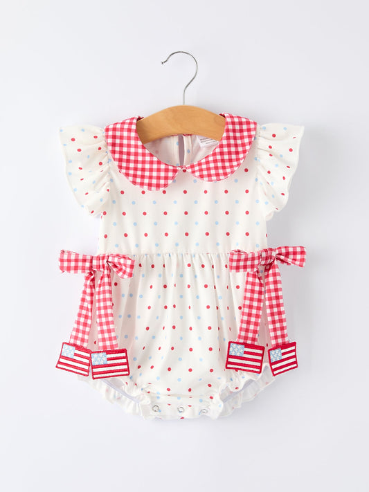 4th of July Dot Girls Romper Bow Ruffle Peter Pan Collar
