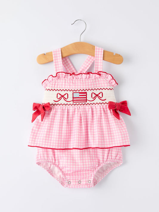 4th of July Plaid Girls Romper Bow Ruffle