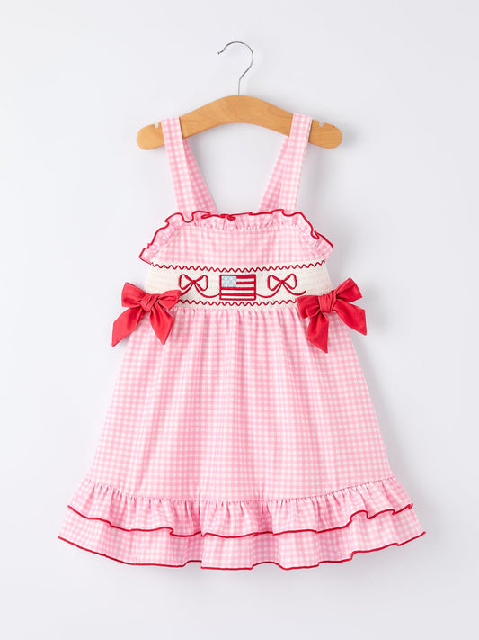 4th of July Plaid Girls Dress Bow Ruffle
