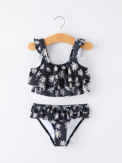 Summer Black Floral Girl Two Piece Swimsuit and Cover-up Set