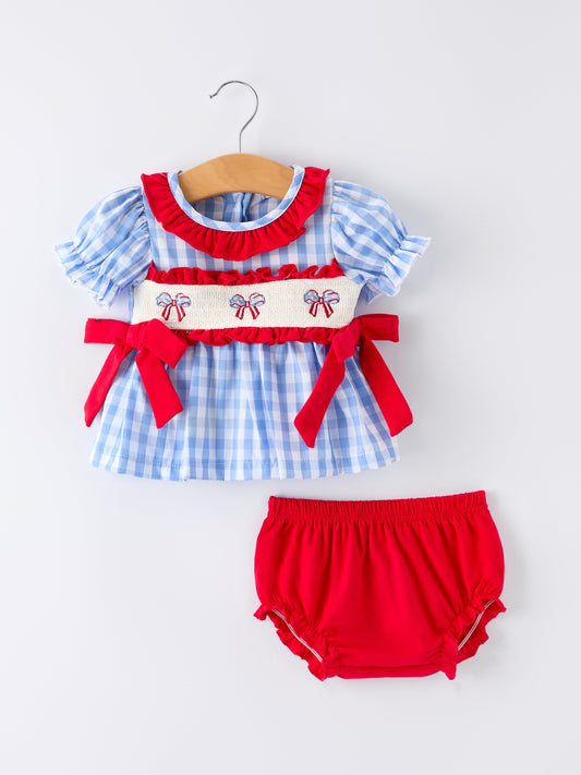 4th of july Plaid Smocking Girls Bloomer Set