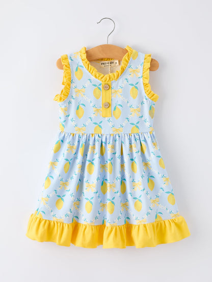 Summer Lemon Floral Print Girl Sleeveless Ruffle Dress