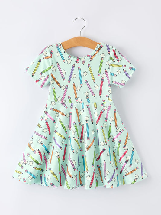 Back to School Pencil Print Girls Dress Short Sleeve