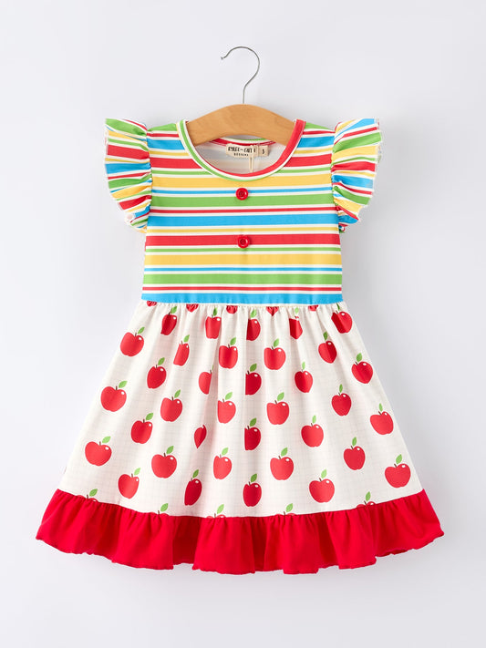 Back to School Apple Stripe Girls Ruffle Dress