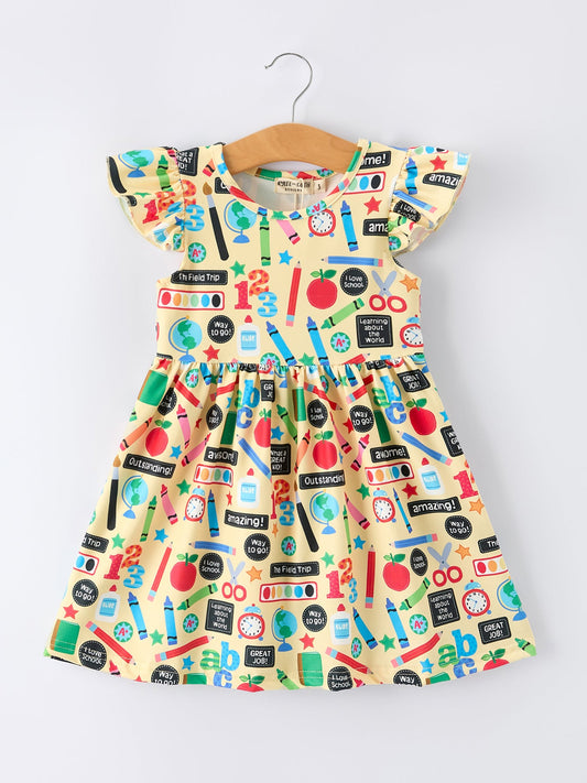 Back to School Alphabet Number Girls Dress Ruffle Sleeve