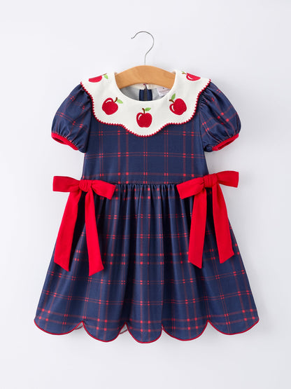 Back To School Apple Plaid Girls Dress Scallop Hem Bow