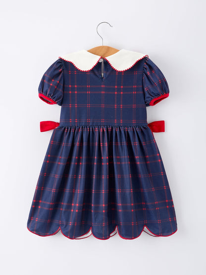 Back To School Apple Plaid Girls Dress Scallop Hem Bow