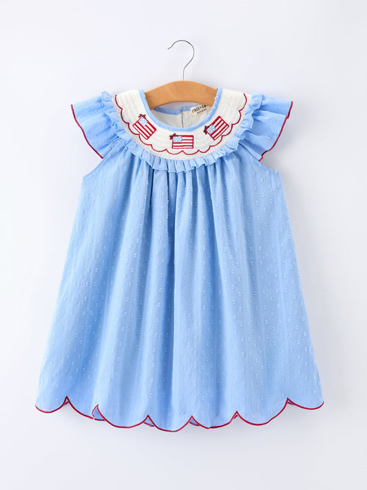 4th of July American Flag Girls Dress Ruffle Collar Scallop Hem