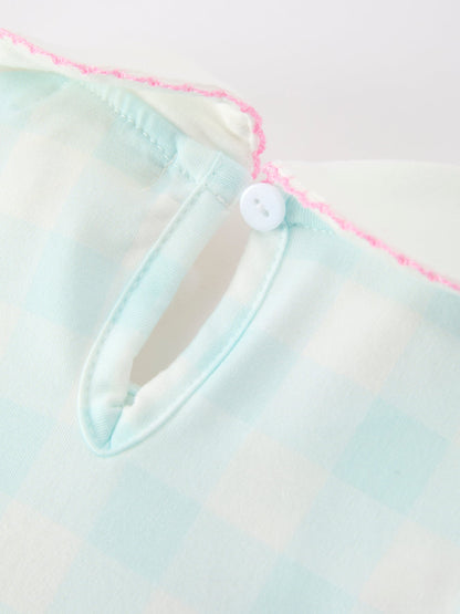 Spring Plaid Bow Girls Dress Smocked Petals Collar Puff Sleeve