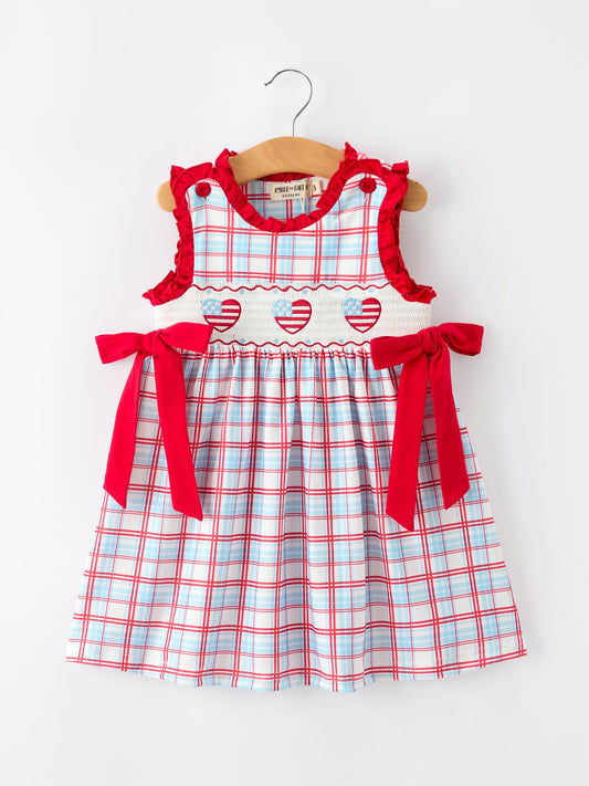 4th of July Plaid Flag Heart Girl Dress With Bow