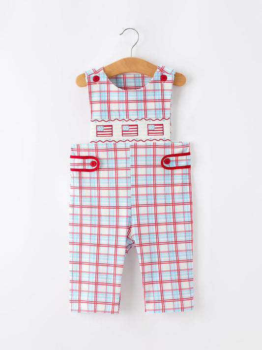 4th of July Plaid Boys Romper Smocked Flag Button Strap