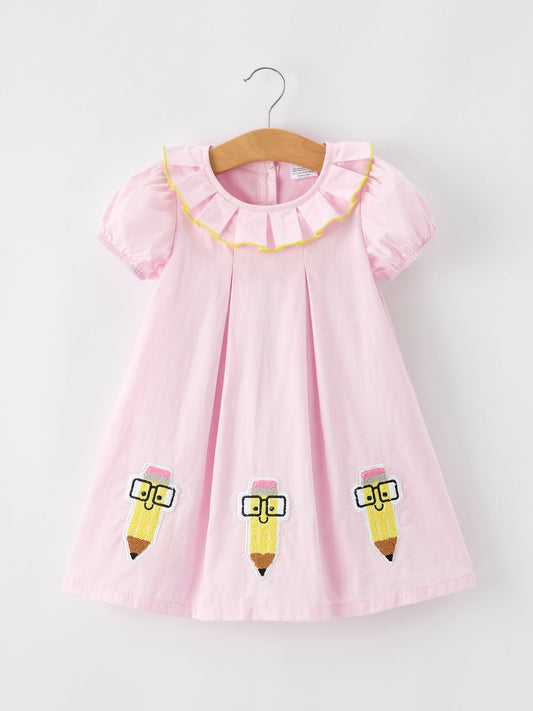 Back to School Pink Pencil Applique Ruffle Collar Girls Dress