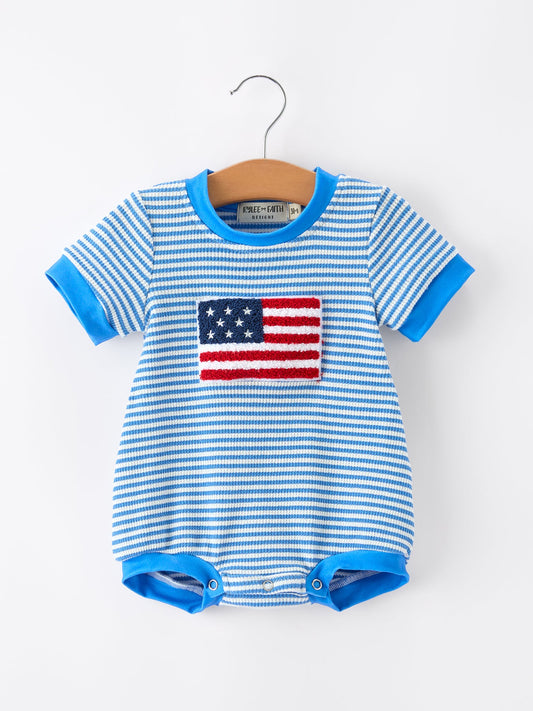 4th of July Flag Chenille Baby Boy Romper Blue Stripe