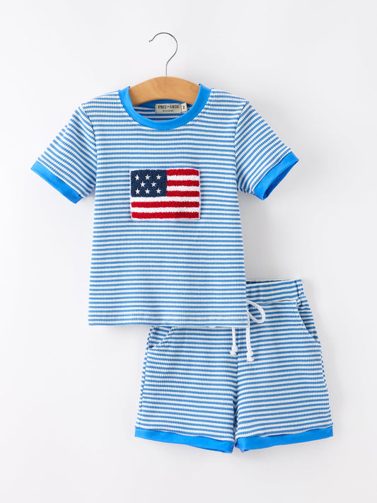 4th of July Flag Chenille Boys Set Blue Stripe Shorts
