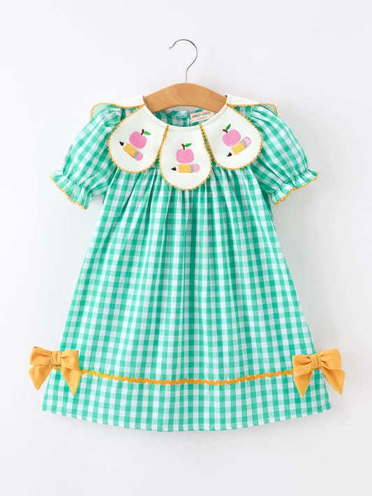 Back to School Apple Pencil Applique Girls Dress Petals Collar