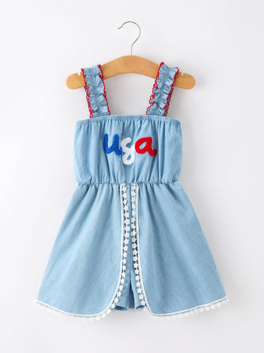 4th of July USA Chenille Girls Romper Dress Denim Lace Trim