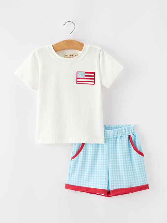 4th of July Flag Boys Set Plaid Shorts T Shirt Outfit