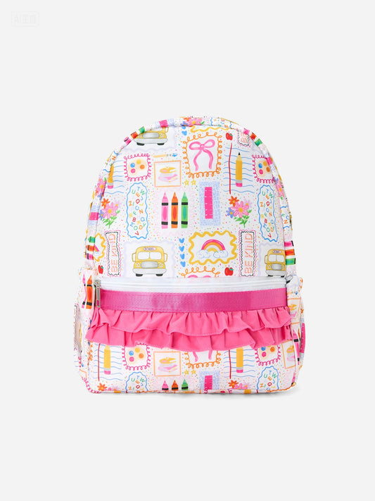 Back to School Print Girls Backpack Ruffle Bag