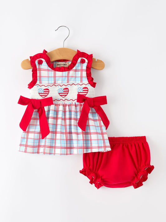 4th of July Plaid Bow Girls Set Smocked Puff Sleeve Top Bloomer