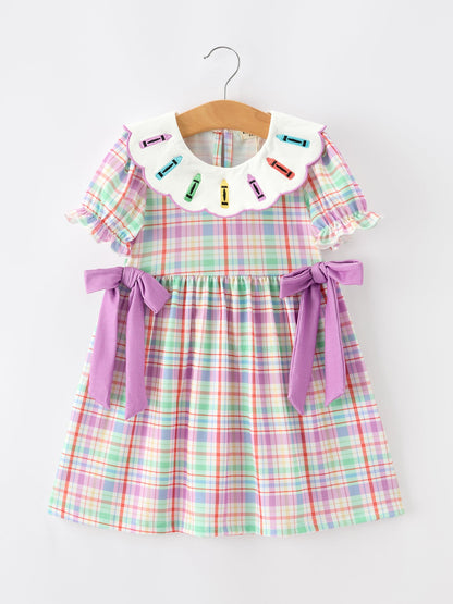 Back To School Plaid Crayon Embroidery Girls Dress Bow Puff Sleeve