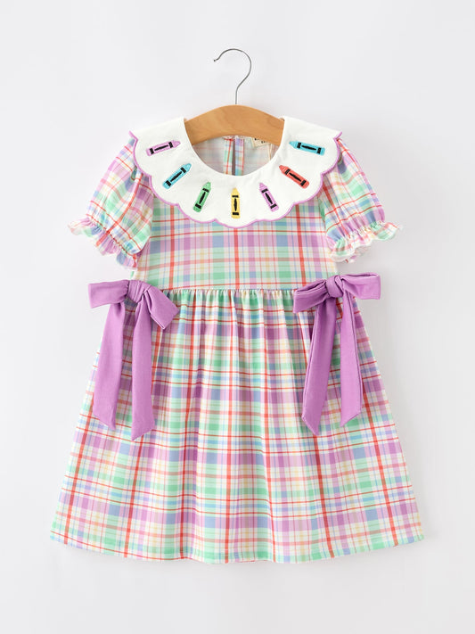 Back To School Plaid Crayon Embroidery Girls Dress Bow Puff Sleeve