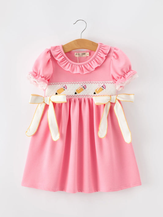 Back To School Embroidery Girls Dress Bow Ruffle Puff Sleeve