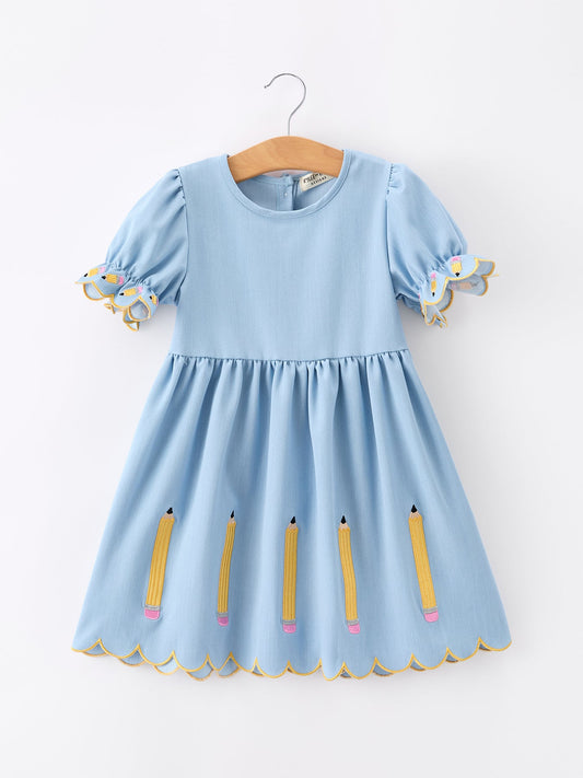 Back to School Pencil Applique Girl Dress Scallop Hem