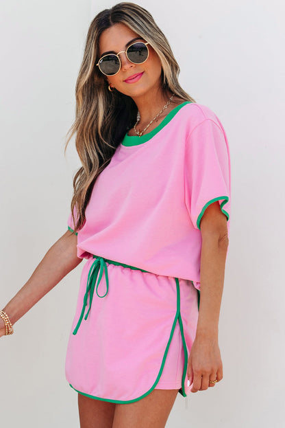 Luxury Colorblock Edge Drop Shoulder T Shirt and Skort 2Pcs Set