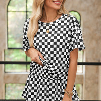 Luxury Checkerboard T Shirt and High Waist Skorts Set