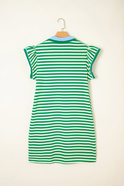 Stripe Flutter Sleeve Contrast Collar Mini Dress