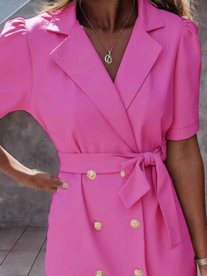 Lapel Collar Mini Dress with Tie Waist