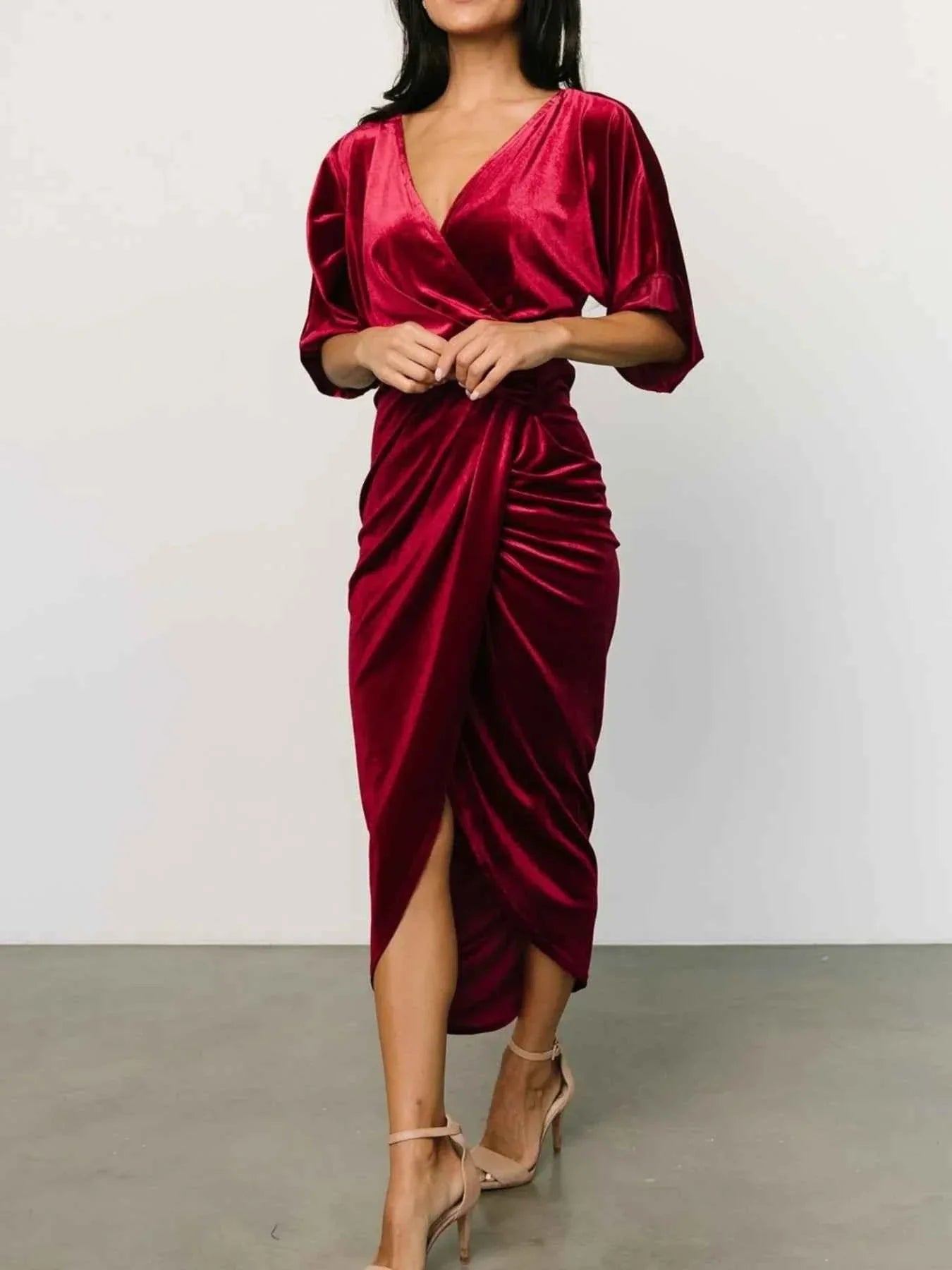 Ruched Surplice Half Sleeve Dress, Holiday Dress