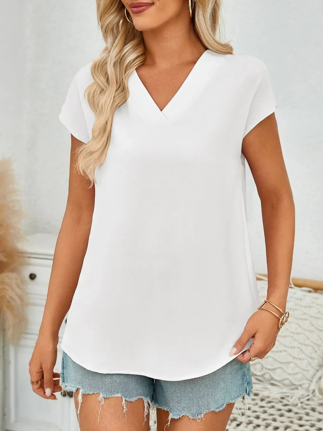 V-Neck Women's Blouse - Classic Polyester Top