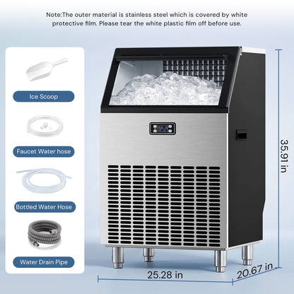 Commercial Ice Maker, Freestanding Square Ice Cube Maker 265lbs/24h, 55lbs Storage Bin, Full Heavy Duty Stainless Steel Construction