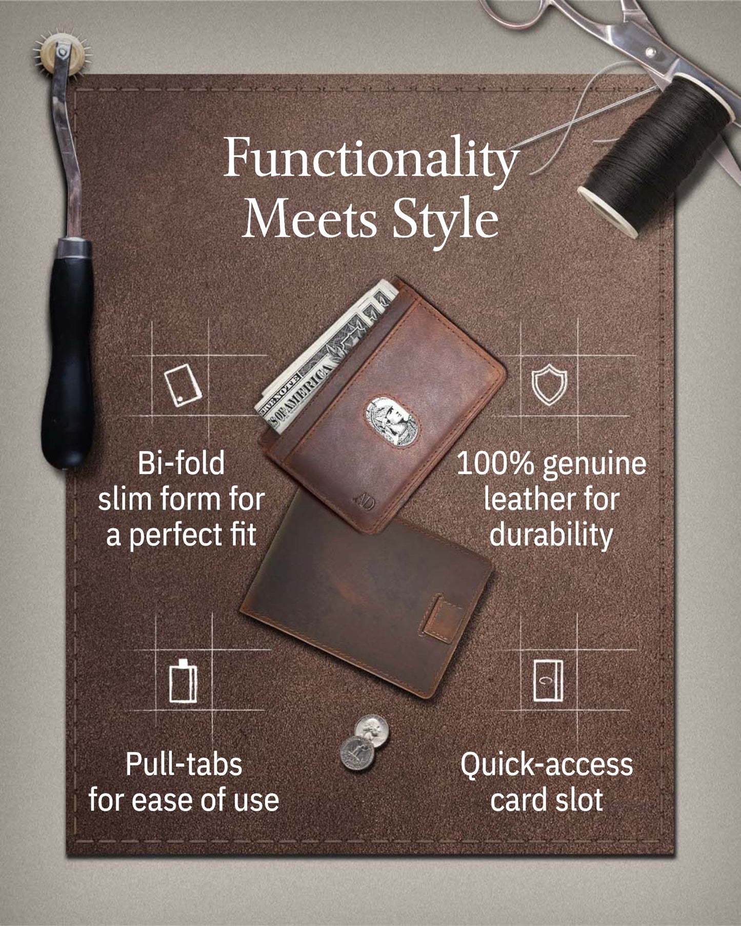 Genuine Leather Slim Bifold Wallet – Pull-Strap Card Access, RFID Blocking
